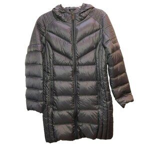 BCBGeneration Large Ultra Lightweight Packable Down Hooded Gray Long Puffer Coat